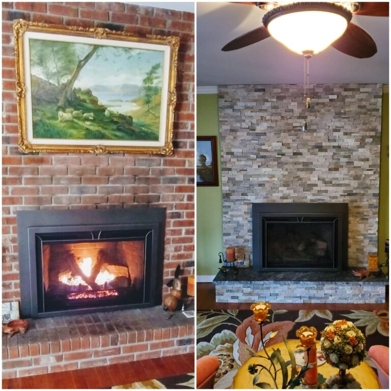 Fireplace before and after stacked stone, Dalton, GA by Palacios Installation